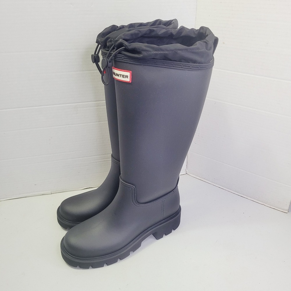 Hunter Women Carson Lug Sole Tall Rain Boot Size 7 Black Waterproof Drawstring